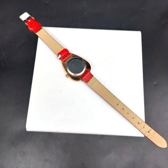 Elegant Red Teardrop Wristwatch With Rhinestone Bezel & Leather Band - Picture 6 of 7